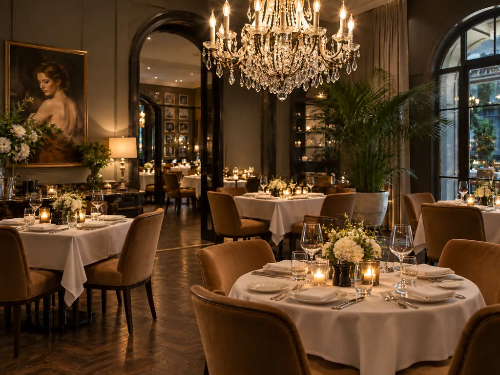 Sală de restaurant cu lustre de cristal deasupra meselor
