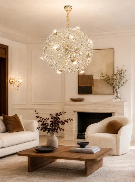 Living cu lustră de cristal deasupra măsuței