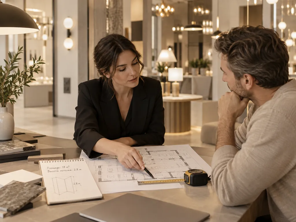 Consultantul și clientul verifică planul camerei și dimensiunile ei