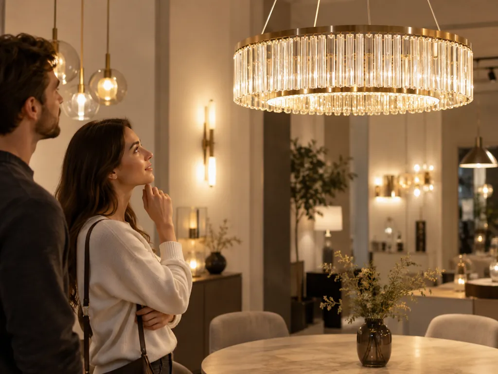 Clienții privesc o lustră de cristal aprinsă în showroom