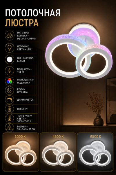 Lustra LED HJT 26032/1+1A1H WH 194W 3000–6500K cu telecomandă și iluminare colorată