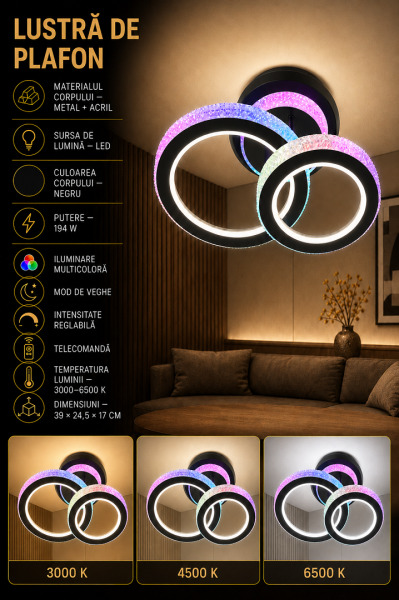 Lustra HJT 26032/1+1A1H BK 66+128W RGB 390*245*170mm