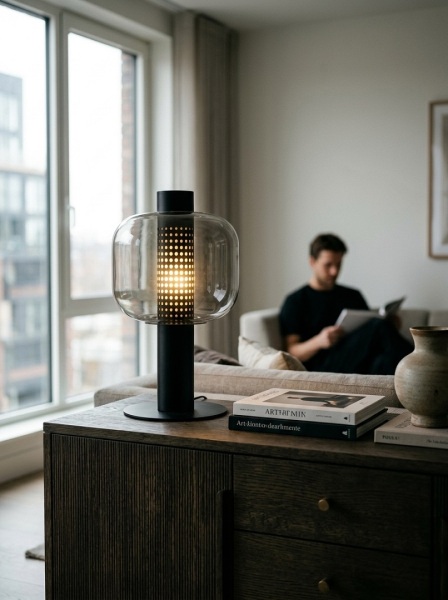 Lampă de masă RP-RT8005-S-BK cu abajur din sticlă fumurie